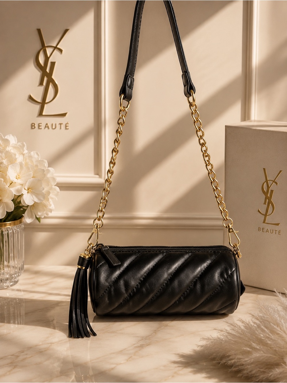 Black Quilted Cylinder cosmetic bag-YSL beaute